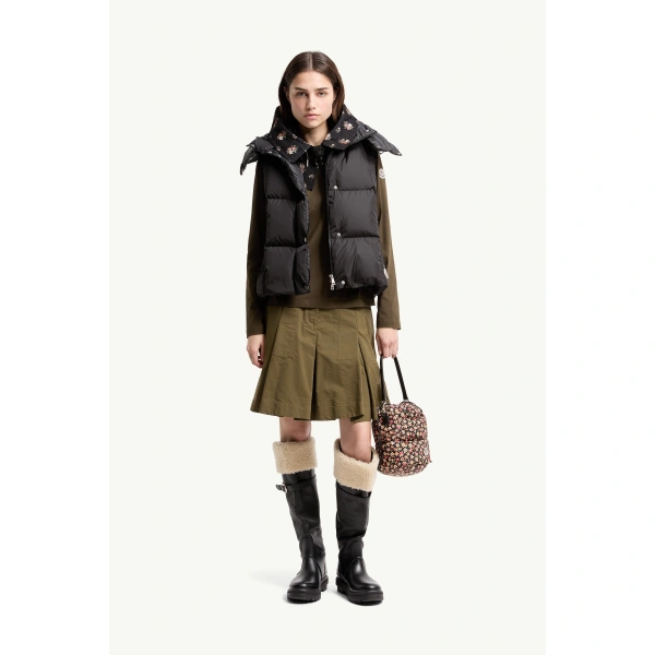 Moncler Macareux Hooded Down Gilet in Black, view 2 | Women's Vests and Gilets | Coveti