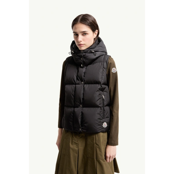 Moncler Macareux Hooded Down Gilet in Black, view 4 | Women's Vests and Gilets | Coveti