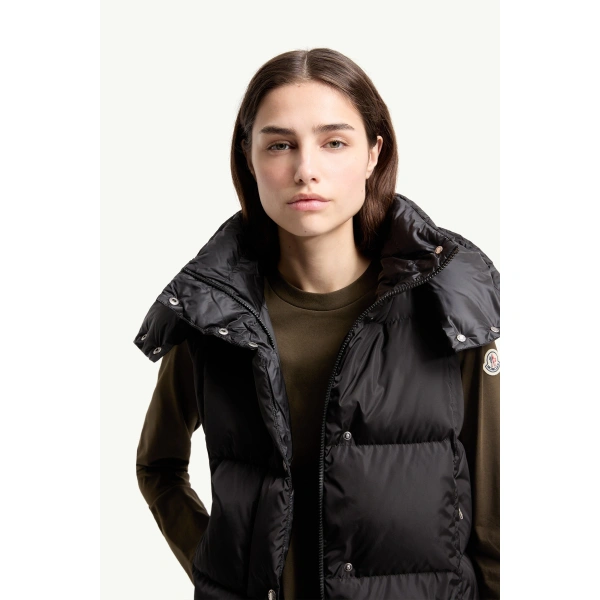 Moncler Macareux Hooded Down Gilet in Black, view 6 | Women's Vests and Gilets | Coveti