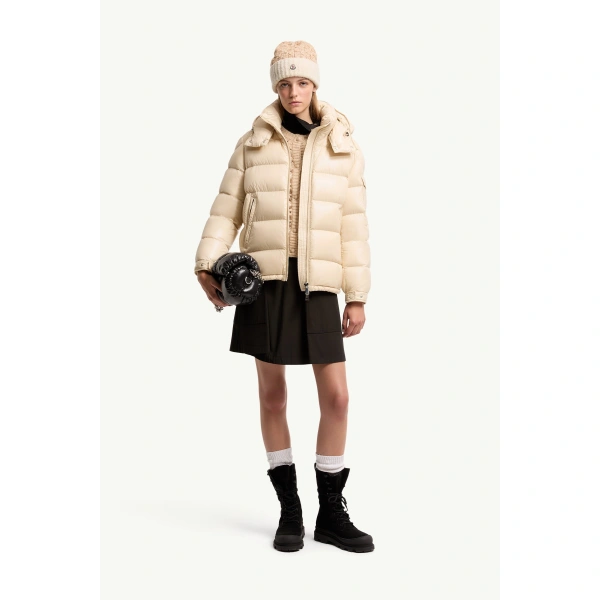 Moncler Maire Hooded Short Down Jacket in Beige, view 2 | Women's Puffer Jackets | Coveti