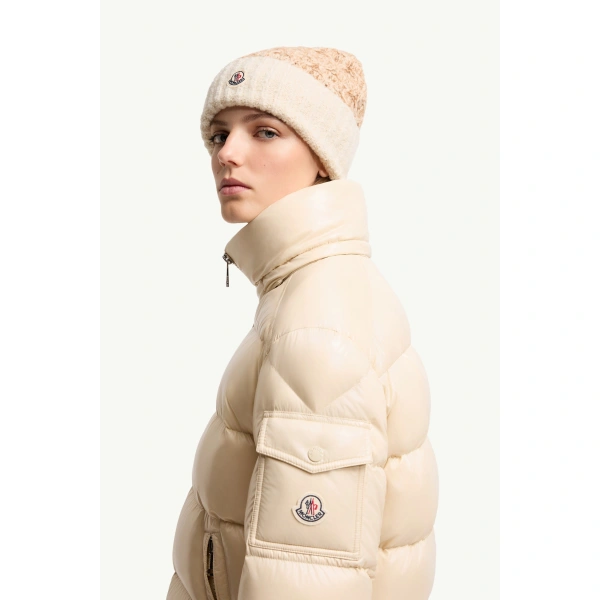 Moncler Maire Hooded Short Down Jacket in Beige, view 3 | Women's Puffer Jackets | Coveti