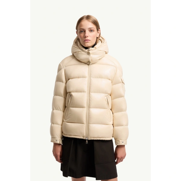 Moncler Maire Hooded Short Down Jacket in Beige, view 4 | Women's Puffer Jackets | Coveti