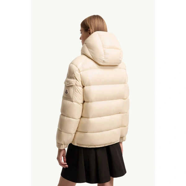 Moncler Maire Hooded Short Down Jacket in Beige, view 5 | Women's Puffer Jackets | Coveti