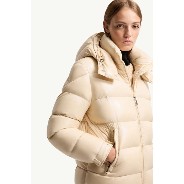 Moncler Maire Hooded Short Down Jacket in Beige, view 6 | Women's Puffer Jackets | Coveti