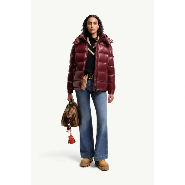 Moncler Maire Hooded Short Down Jacket in Burgundy, view 2 | Women's Puffer Jackets | Coveti