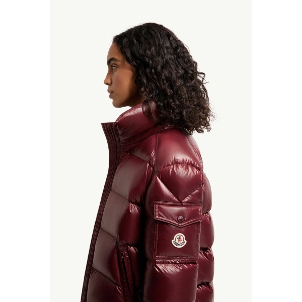 Moncler Maire Hooded Short Down Jacket in Burgundy, view 3 | Women's Puffer Jackets | Coveti