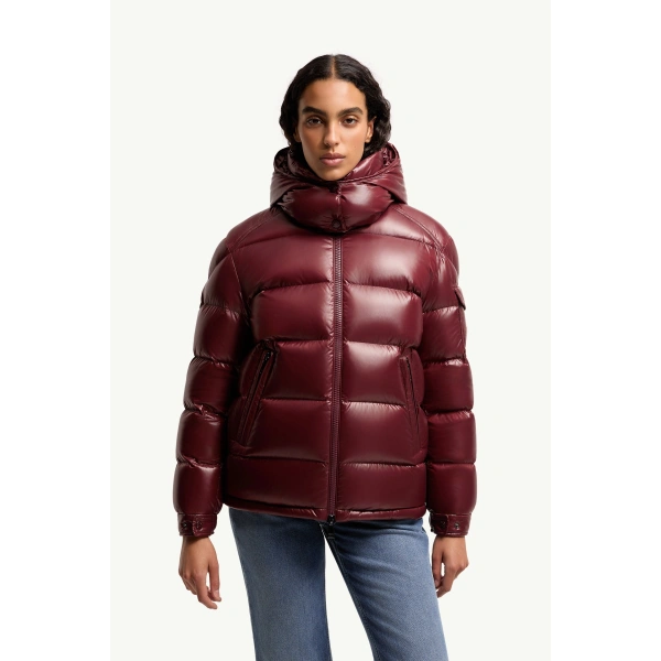 Moncler Maire Hooded Short Down Jacket in Burgundy, view 4 | Women's Puffer Jackets | Coveti