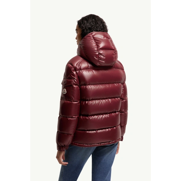 Moncler Maire Hooded Short Down Jacket in Burgundy, view 5 | Women's Puffer Jackets | Coveti