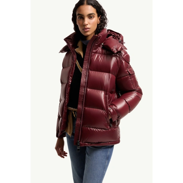 Moncler Maire Hooded Short Down Jacket in Burgundy, view 6 | Women's Puffer Jackets | Coveti
