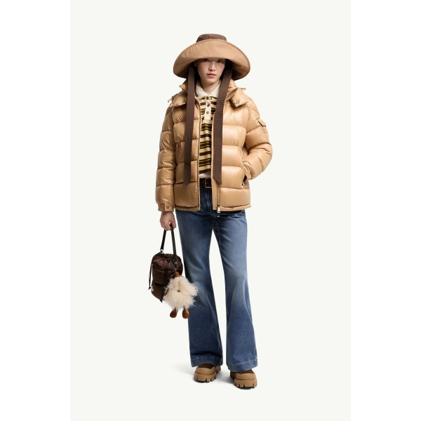 Moncler Maire Hooded Short Down Jacket in Camel Beige, view 2 | Women's Puffer Jackets | Coveti