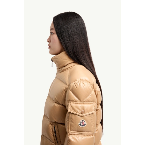 Moncler Maire Hooded Short Down Jacket in Camel Beige, view 3 | Women's Puffer Jackets | Coveti