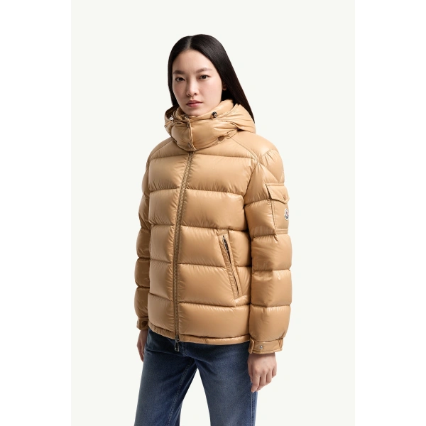 Moncler Maire Hooded Short Down Jacket in Camel Beige, view 4 | Women's Puffer Jackets | Coveti