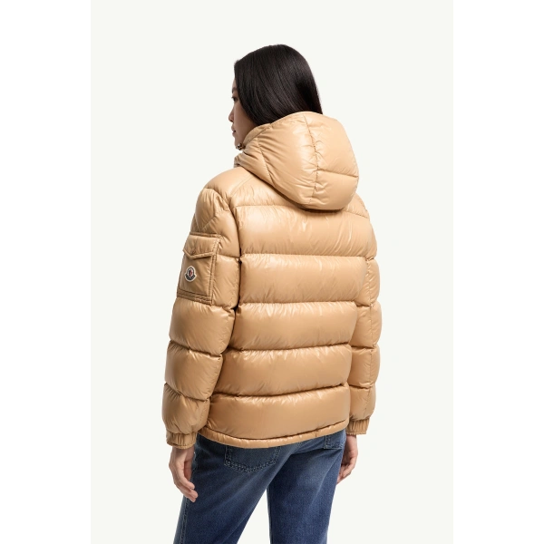 Moncler Maire Hooded Short Down Jacket in Camel Beige, view 5 | Women's Puffer Jackets | Coveti