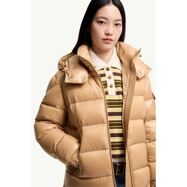 Moncler Maire Hooded Short Down Jacket in Camel Beige, view 6 | Women's Puffer Jackets | Coveti