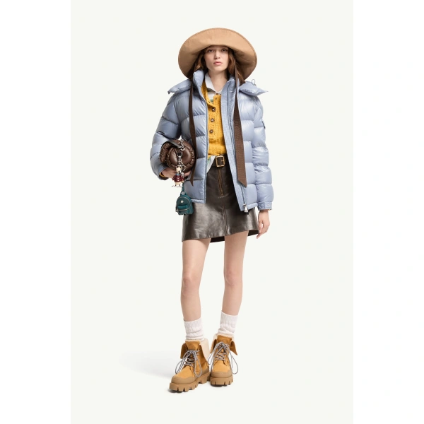 Moncler Maire Hooded Short Down Jacket in Light Blue, view 2 | Women's Puffer Jackets | Coveti