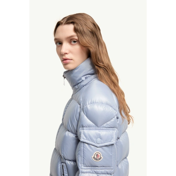 Moncler Maire Hooded Short Down Jacket in Light Blue, view 3 | Women's Puffer Jackets | Coveti