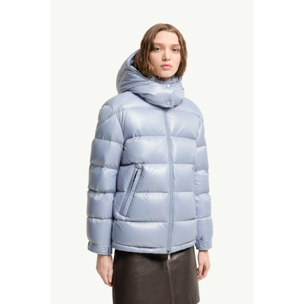 Moncler Maire Hooded Short Down Jacket in Light Blue, view 4 | Women's Puffer Jackets | Coveti