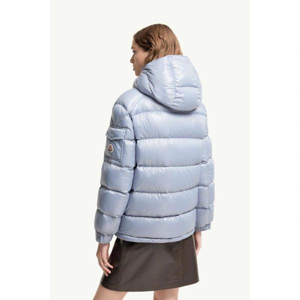 Moncler Maire Hooded Short Down Jacket in Light Blue, view 5 | Women's Puffer Jackets | Coveti