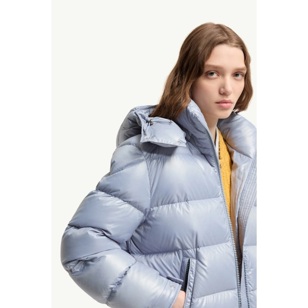 Moncler Maire Hooded Short Down Jacket in Light Blue, view 6 | Women's Puffer Jackets | Coveti