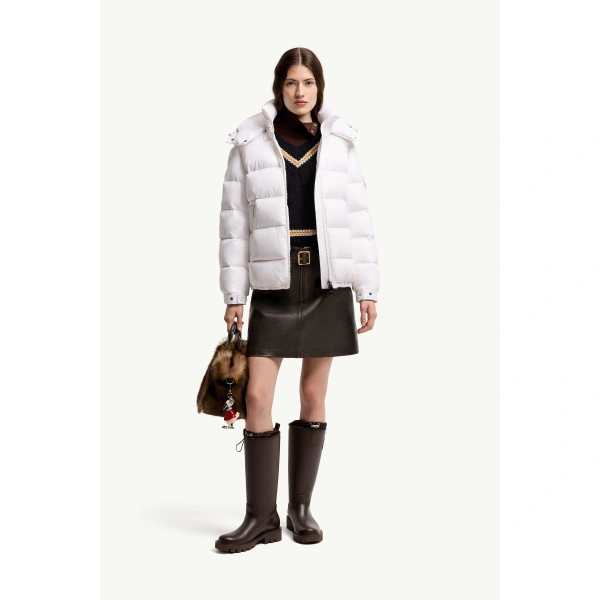 Moncler Maire Hooded Short Down Jacket in Off White, view 2 | Women's Puffer Jackets | Coveti