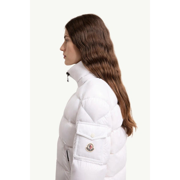 Moncler Maire Hooded Short Down Jacket in Off White, view 3 | Women's Puffer Jackets | Coveti