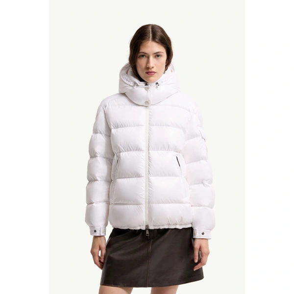 Moncler Maire Hooded Short Down Jacket in Off White, view 4 | Women's Puffer Jackets | Coveti