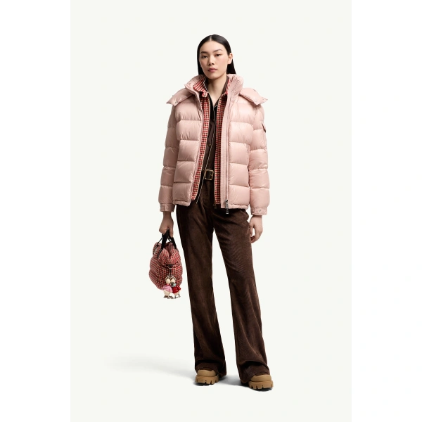 Moncler Maire Hooded Short Down Jacket in Pink, view 2 | Women's Puffer Jackets | Coveti