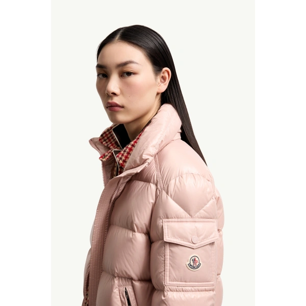 Moncler Maire Hooded Short Down Jacket in Pink, view 3 | Women's Puffer Jackets | Coveti