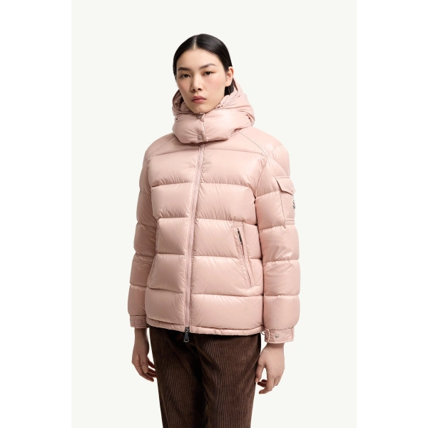 Moncler Maire Hooded Short Down Jacket in Pink, view 4 | Women's Puffer Jackets | Coveti