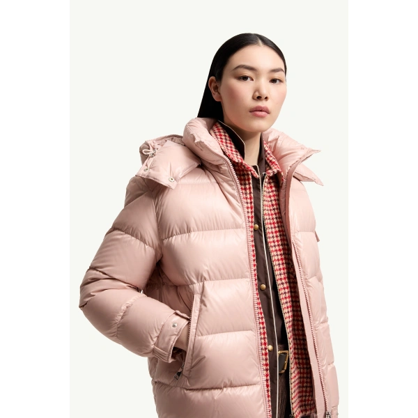 Moncler Maire Hooded Short Down Jacket in Pink, view 6 | Women's Puffer Jackets | Coveti