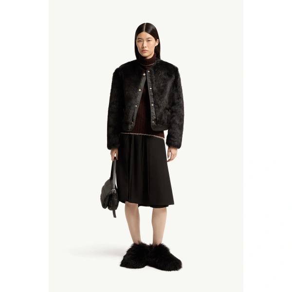 Moncler Majestueux Shearling Short Down Jacket in Black, view 2 | Women's Shearling Jackets | Coveti