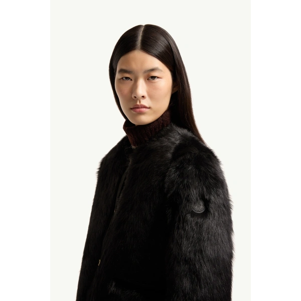Moncler Majestueux Shearling Short Down Jacket in Black, view 3 | Women's Shearling Jackets | Coveti