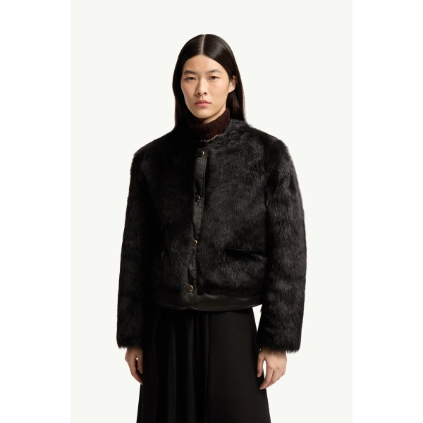 Moncler Majestueux Shearling Short Down Jacket in Black, view 4 | Women's Shearling Jackets | Coveti