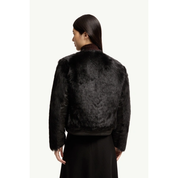 Moncler Majestueux Shearling Short Down Jacket in Black, view 5 | Women's Shearling Jackets | Coveti