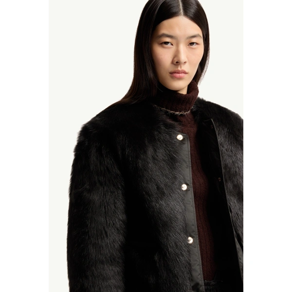 Moncler Majestueux Shearling Short Down Jacket in Black, view 6 | Women's Shearling Jackets | Coveti