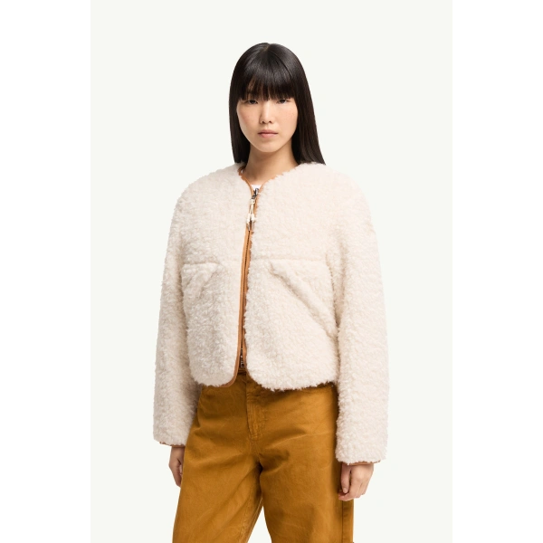 Moncler Mallero Reversible Short Down Jacket in White Ivory, view 4 | Women's Puffer Jackets | Coveti