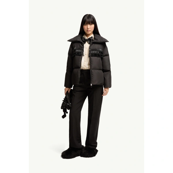 Moncler Manchot Beaded-Trim Mid-Length Down Jacket in Black, view 2 | Women's Puffer Jackets | Coveti