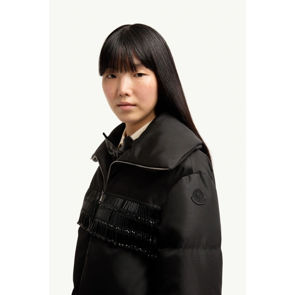 Moncler Manchot Beaded-Trim Mid-Length Down Jacket in Black, view 3 | Women's Puffer Jackets | Coveti