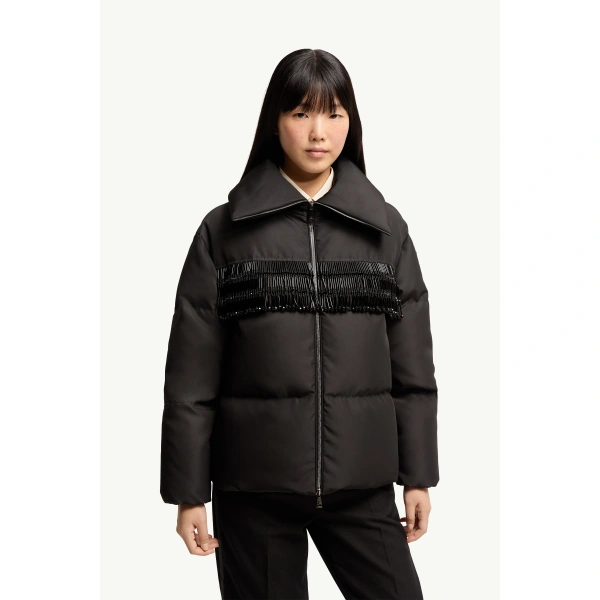 Moncler Manchot Beaded-Trim Mid-Length Down Jacket in Black, view 4 | Women's Puffer Jackets | Coveti