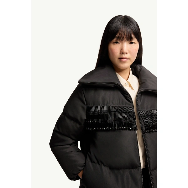 Moncler Manchot Beaded-Trim Mid-Length Down Jacket in Black, view 6 | Women's Puffer Jackets | Coveti