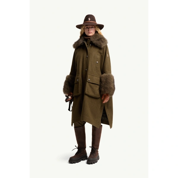 Moncler Mantreau Shearling-Trimmed Loden Cape in Brown, view 2 | Women's Cape Coats | Coveti