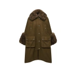 Moncler Mantreau Shearling-Trimmed Loden Cape in Brown | Women's Cape Coats | Coveti