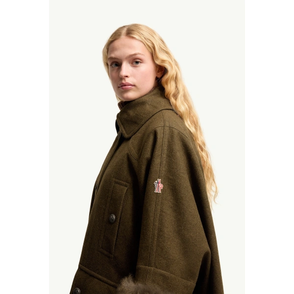 Moncler Mantreau Shearling-Trimmed Loden Cape in Brown, view 3 | Women's Cape Coats | Coveti