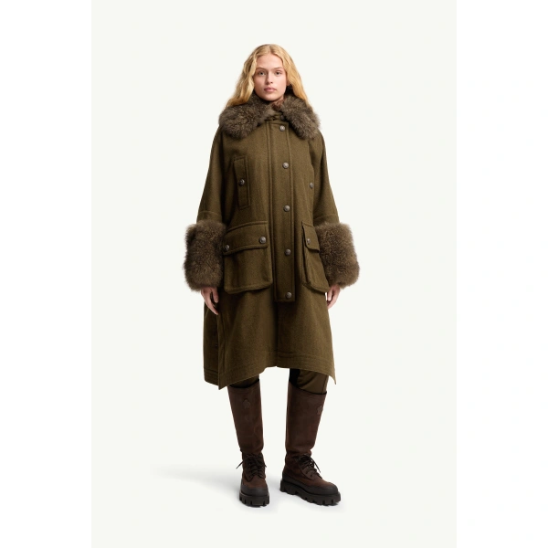 Moncler Mantreau Shearling-Trimmed Loden Cape in Brown, view 4 | Women's Cape Coats | Coveti