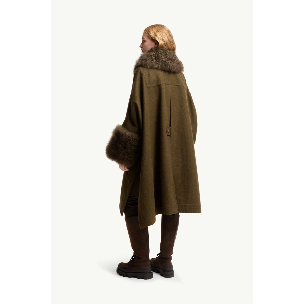 Moncler Mantreau Shearling-Trimmed Loden Cape in Brown, view 5 | Women's Cape Coats | Coveti