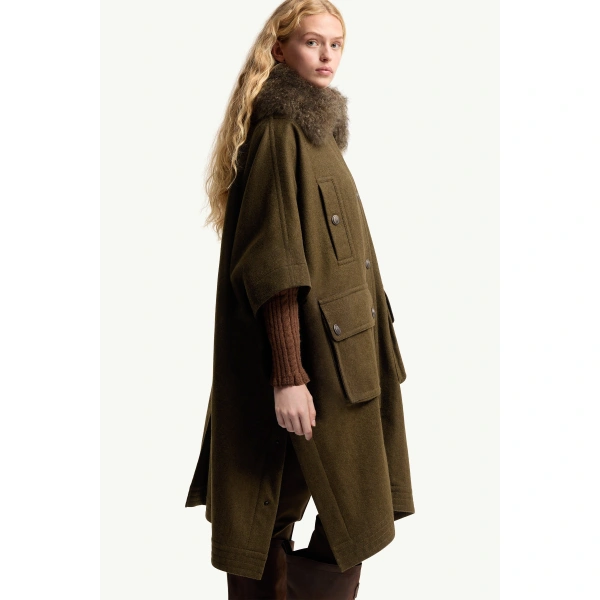 Moncler Mantreau Shearling-Trimmed Loden Cape in Brown, view 6 | Women's Cape Coats | Coveti