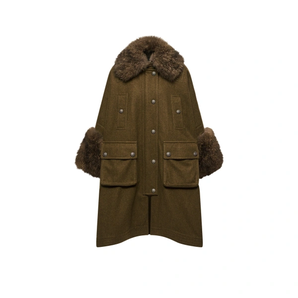 Mantreau Shearling-Trimmed Loden Cape in Brown