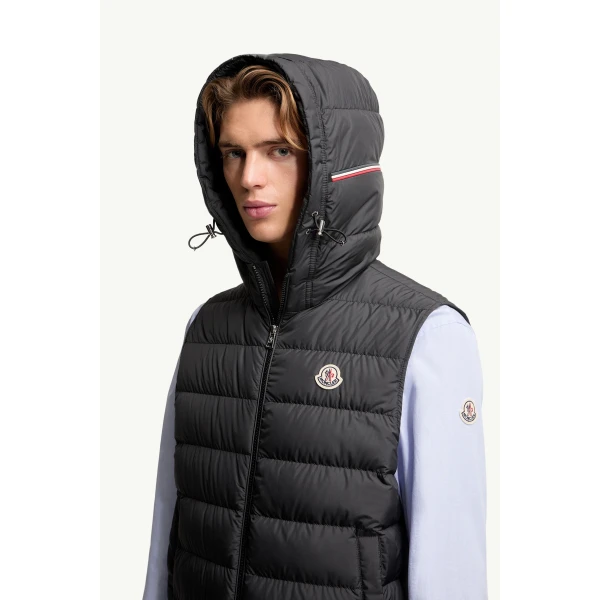 Moncler Marseillan Hooded Down Gilet in Black, view 3 | Men's Jackets | Coveti