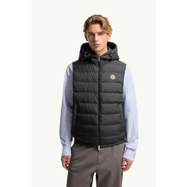 Moncler Marseillan Hooded Down Gilet in Black, view 4 | Men's Jackets | Coveti