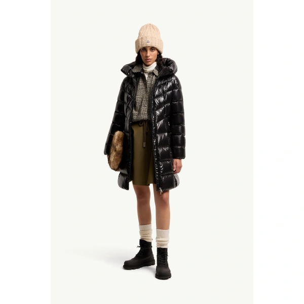 Moncler Marusse Hooded Mid-Length Down Jacket in Black, view 2 | Women's Puffer and Down Coats | Coveti